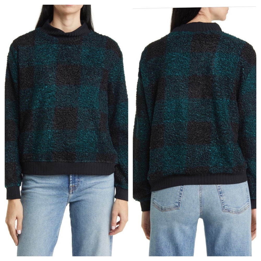 NWT Beachlunchlounge Tavla Printed Boucle Check Sweater in Jaded Storm Small